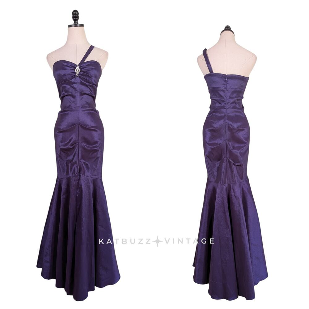 Vintage Prom Dress Maxi Gown 8 Purple Strapless Y2K Glam Mermaid Pleat Shoulder